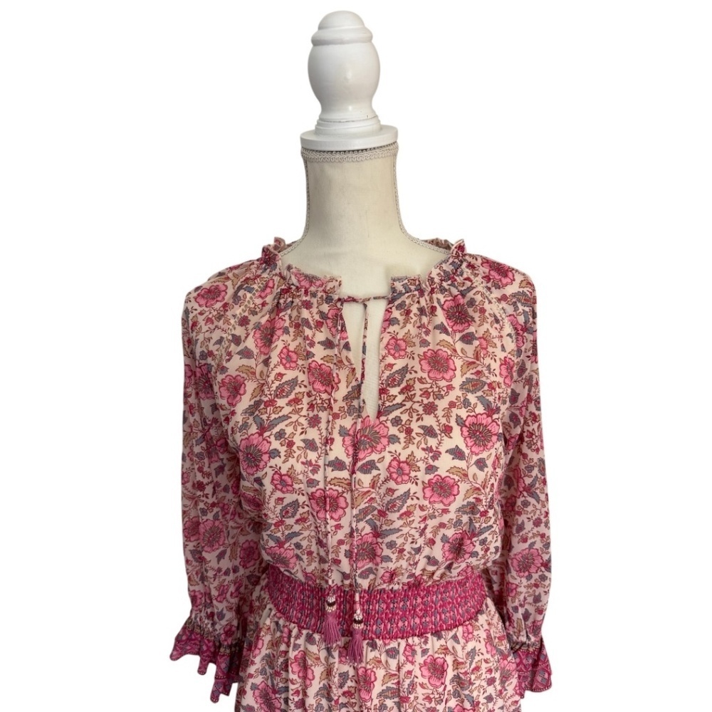 Love The Label Anthropologie Boho Floral Mini Dress Pink Smocked Tassel S - Picture 5 of 15